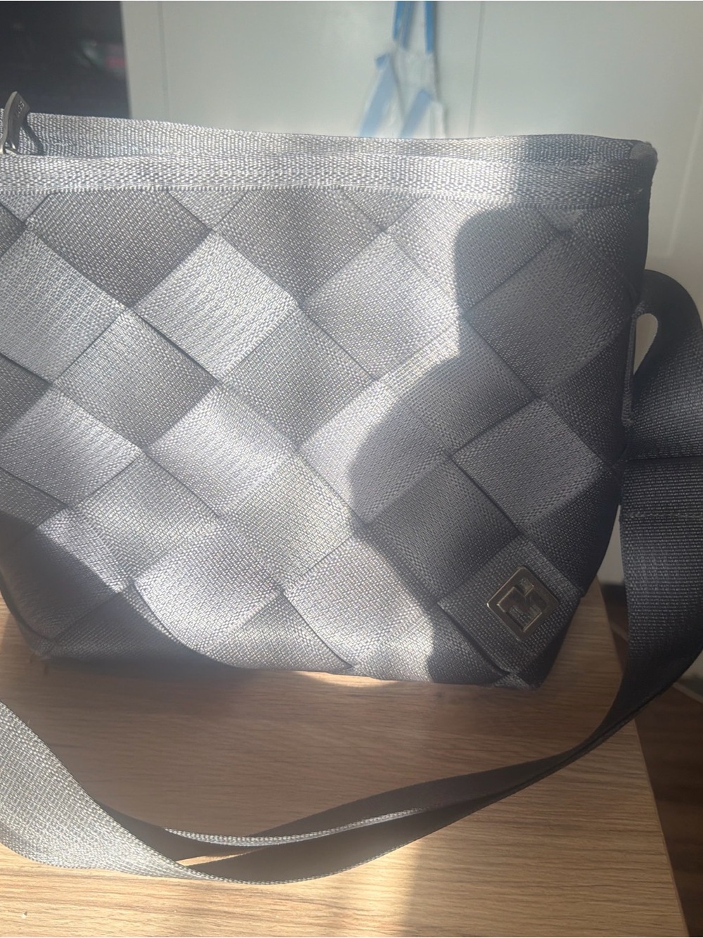 Maggie Bags Woven Crossbody Seatbelt Bag in Charcoal Gray